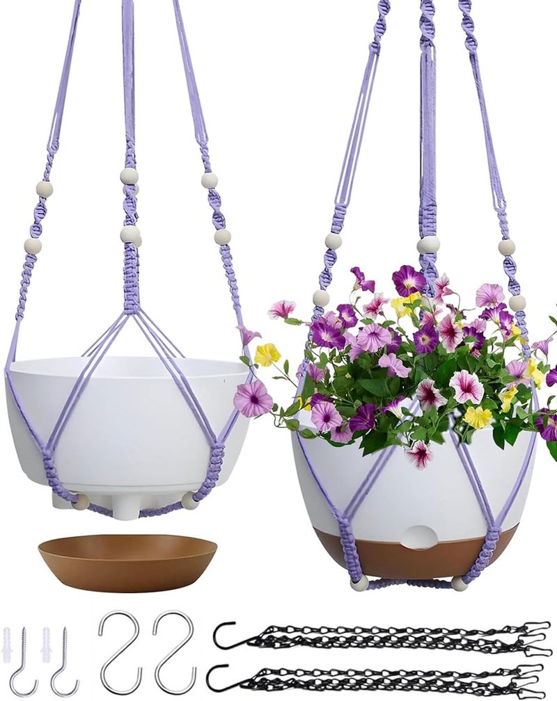 Koalaime 2 Pack Hanging Planters Set,10 Inch Indoor Outdoor Hanging Plant Pot Basket,Hanging Flower Pot with Drainage Hole with 3 Hooks for Garden Home(Purple Hanger White Planters) - Image 1